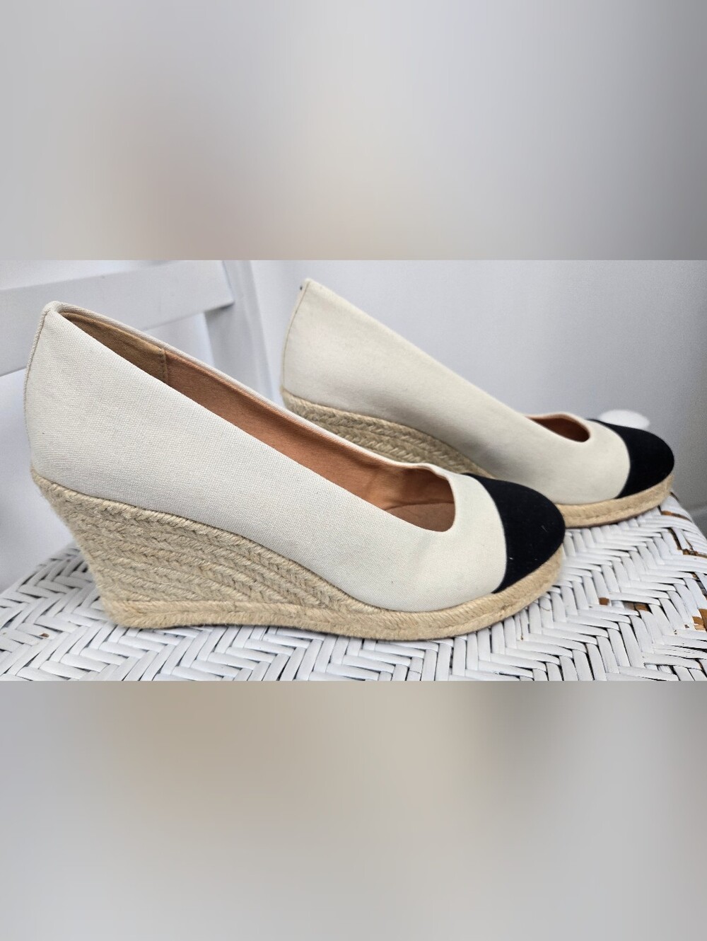 J. Crew Two-Tone Canvas Espadrille Wedge in Cream and Black